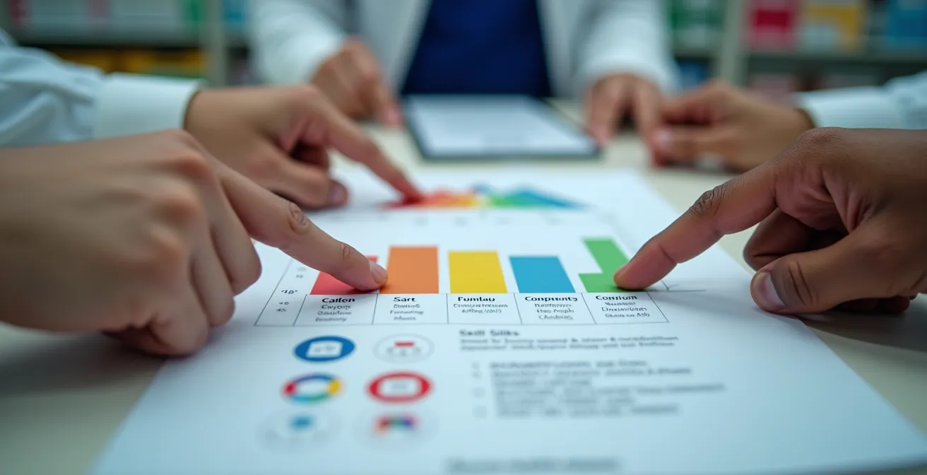 Gros plan sur mains analysant un tableau de compétences avec environnement pharmaceutique flou