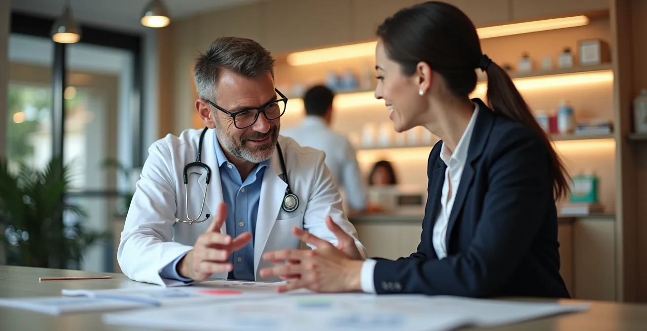 Interaction entre pharmacien et animateur commercial échangeant sur une stratégie