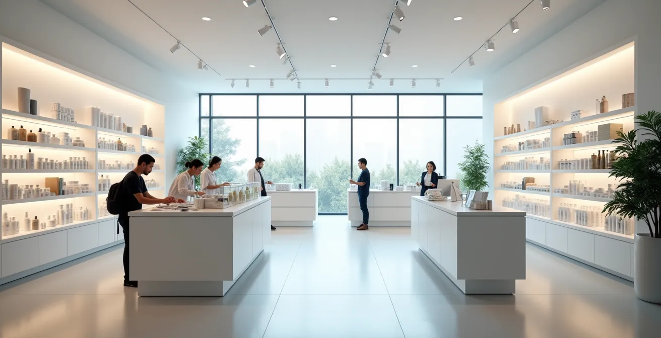 Vue large d'une pharmacie moderne avec espaces dédiés conseil et animations