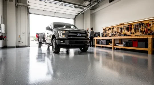 Plancher de garage commercial avec revêtement époxy gris brillant et véhicule stationné