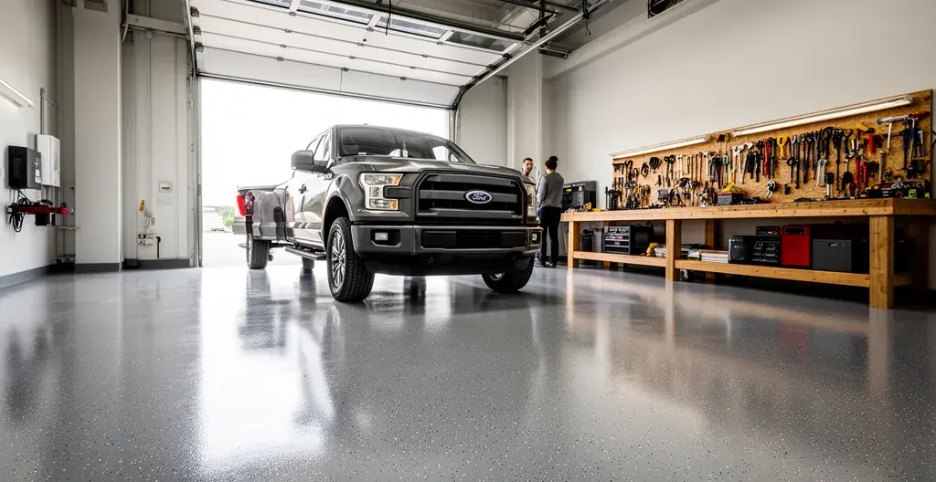 Plancher de garage commercial avec revêtement époxy gris brillant et véhicule stationné