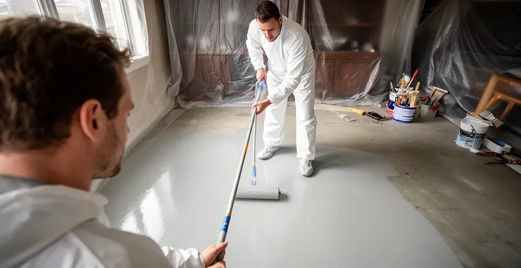 Technicien appliquant un revêtement de plancher au rouleau dans un garage commercial